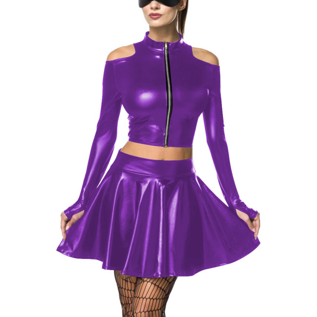 Women's Metallic Mock Neck Shiny Crop Top Pleated Short Skirt Pole Dancing Wetlook Two-Piece Clubwear Raves Party Outfit Set 7XLreetwear Casual Outfits
