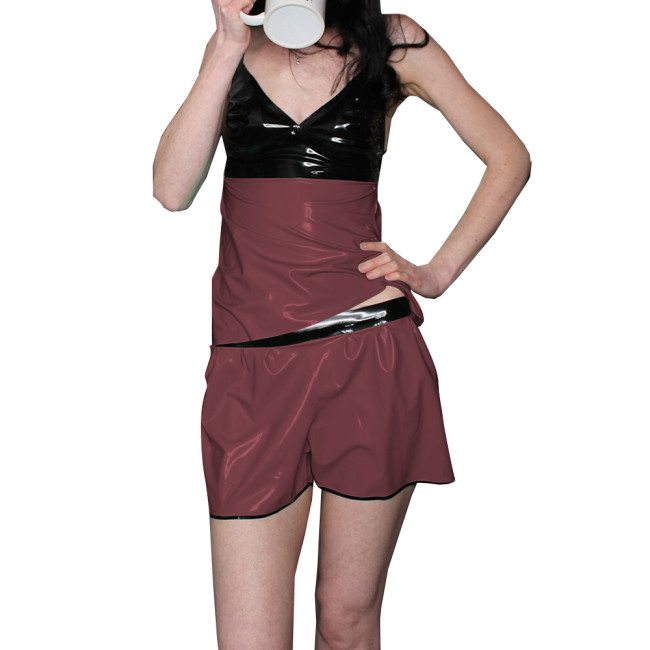 Womens Vinyl Sexy Suspenders V-Neck Pajamas Shorts Two-Piece Set Lingerie Glossy PVC Leather Patchwork Sleeveless Top and Shorts