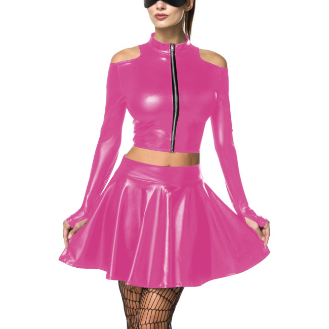 Women's Metallic Mock Neck Shiny Crop Top Pleated Short Skirt Pole Dancing Wetlook Two-Piece Clubwear Raves Party Outfit Set 7XLreetwear Casual Outfits