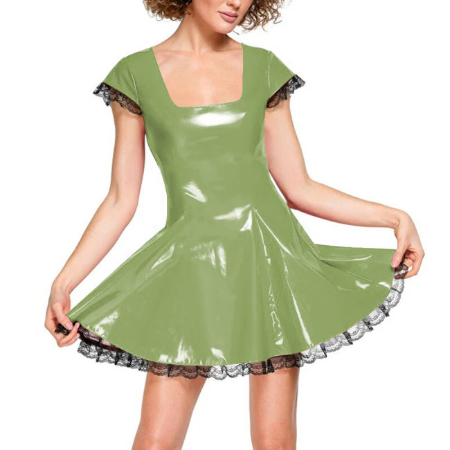 Sweet Square Collar Short Sleeve A-line Dress for Womens Punk Gothic Lace Trimmed Babydoll Mini Dress Fashionable Casual Dresses
