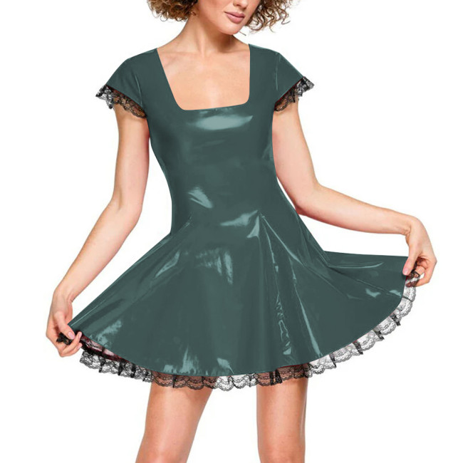 Sweet Square Collar Short Sleeve A-line Dress for Womens Punk Gothic Lace Trimmed Babydoll Mini Dress Fashionable Casual Dresses
