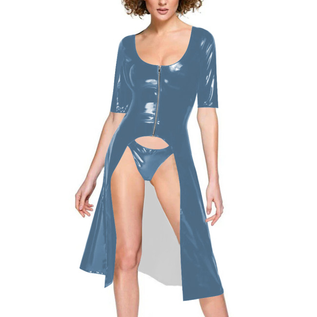 Women Vinyl PVC Leather Dress Coat with Tong Half Sleeve Sexy Scoop Neck Front Zipper Long Jackets Fetish Night Club Dancewear
