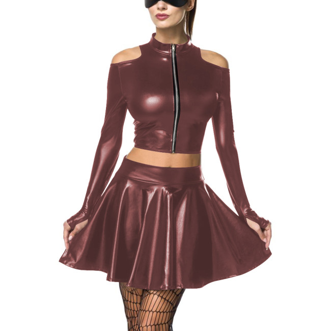 Women's Metallic Mock Neck Shiny Crop Top Pleated Short Skirt Pole Dancing Wetlook Two-Piece Clubwear Raves Party Outfit Set 7XLreetwear Casual Outfits