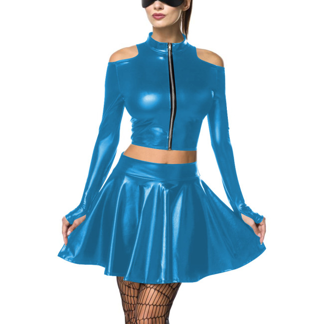 Women's Metallic Mock Neck Shiny Crop Top Pleated Short Skirt Pole Dancing Wetlook Two-Piece Clubwear Raves Party Outfit Set 7XLreetwear Casual Outfits