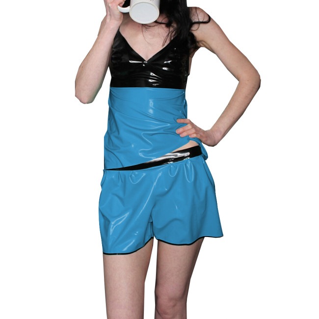 Womens Vinyl Sexy Suspenders V-Neck Pajamas Shorts Two-Piece Set Lingerie Glossy PVC Leather Patchwork Sleeveless Top and Shorts