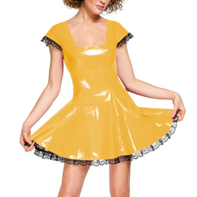 Sweet Square Collar Short Sleeve A-line Dress for Womens Punk Gothic Lace Trimmed Babydoll Mini Dress Fashionable Casual Dresses