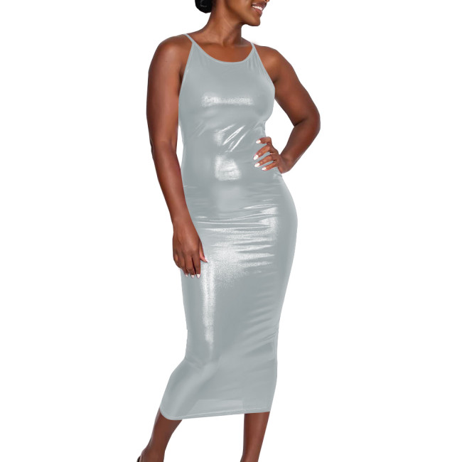 Cocktail Party Shiny Metallic Strappy Back Cami Dress Ladies Elegant Backless Slim Fit Midi Dress Sleeveless Club Bodycon Outfit