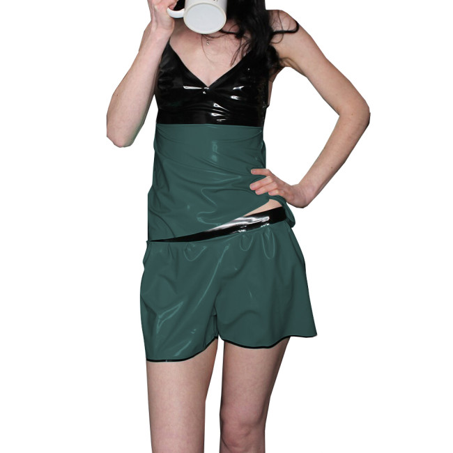 Womens Vinyl Sexy Suspenders V-Neck Pajamas Shorts Two-Piece Set Lingerie Glossy PVC Leather Patchwork Sleeveless Top and Shorts
