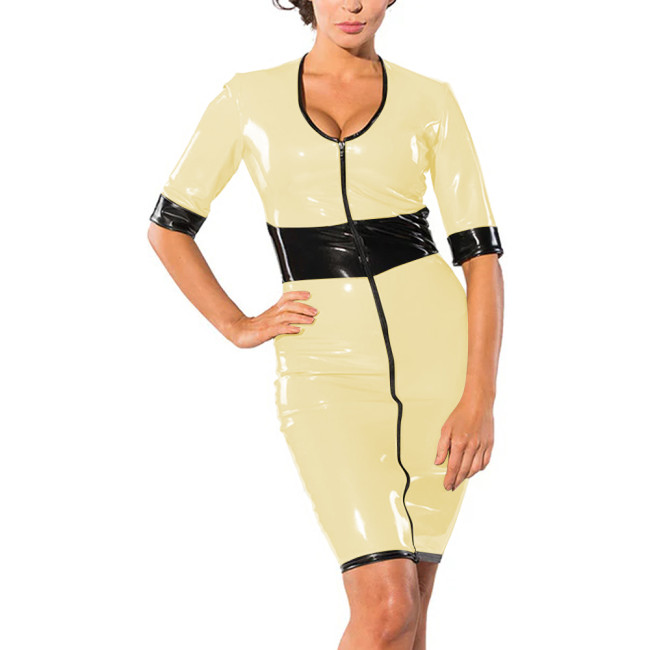Women Slim High Waist Patchwork PVC Leather Dress Sexy Scoop Neck Half Sleeve Party Club Dress Full Front Zip Bodycon Dresses