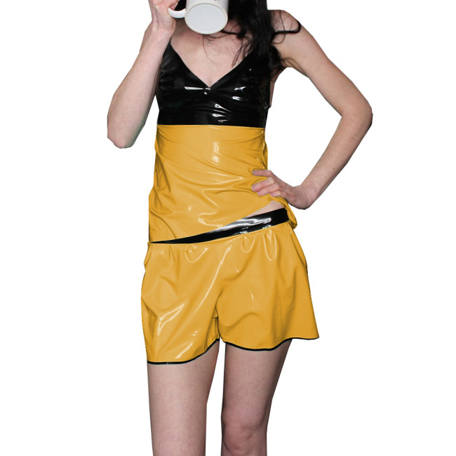 Womens Vinyl Sexy Suspenders V-Neck Pajamas Shorts Two-Piece Set Lingerie Glossy PVC Leather Patchwork Sleeveless Top and Shorts
