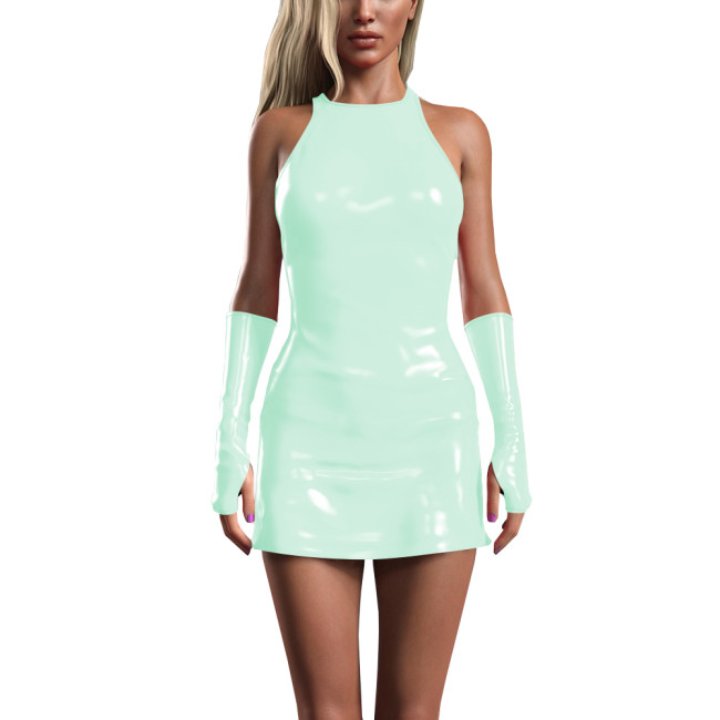 Hot Girls Skinny PVC Leather Mini Dress Women Summer Sexy Wetlook Zipper Back Sleeveless Short Dress Solid Gloves Club Outfits