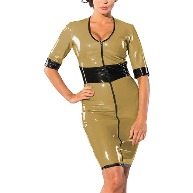 Women Slim High Waist Patchwork PVC Leather Dress Sexy Scoop Neck Half Sleeve Party Club Dress Full Front Zip Bodycon Dresses