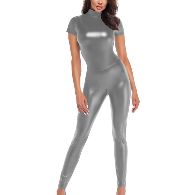 Womens Matte PU Leather Cutout Catsuit Mock Neck Short Sleeve Leotard Raves Party Cosplay Lingerie Female Backless Jumpsuit