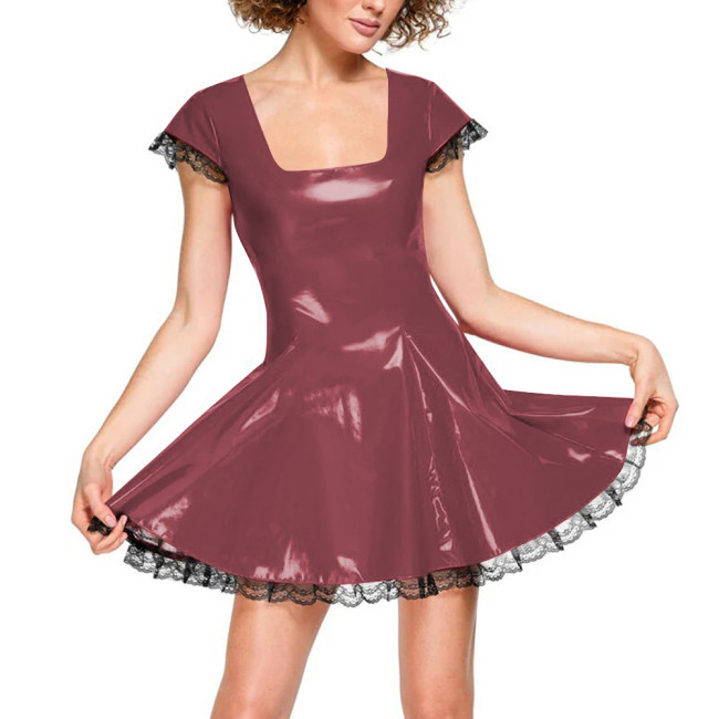 Sweet Square Collar Short Sleeve A-line Dress for Womens Punk Gothic Lace Trimmed Babydoll Mini Dress Fashionable Casual Dresses