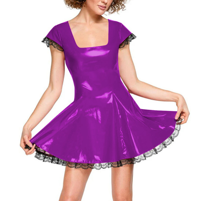 Sweet Square Collar Short Sleeve A-line Dress for Womens Punk Gothic Lace Trimmed Babydoll Mini Dress Fashionable Casual Dresses