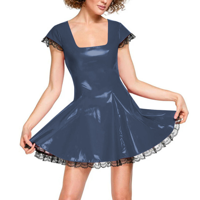 Sweet Square Collar Short Sleeve A-line Dress for Womens Punk Gothic Lace Trimmed Babydoll Mini Dress Fashionable Casual Dresses