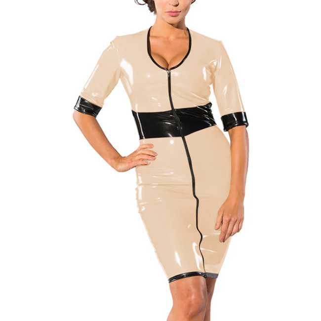 Women Slim High Waist Patchwork PVC Leather Dress Sexy Scoop Neck Half Sleeve Party Club Dress Full Front Zip Bodycon Dresses