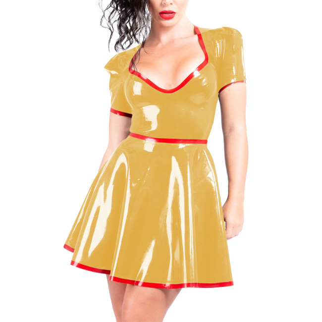 Women A-line Pleated Wet Look Dress for Club Party Outfits Faux PVC Leather Sweetheart Collar Short Gown Sissy Fetish Mini Dress