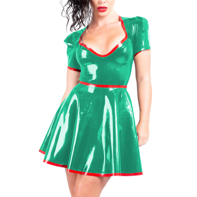 Women A-line Pleated Wet Look Dress for Club Party Outfits Faux PVC Leather Sweetheart Collar Short Gown Sissy Fetish Mini Dress