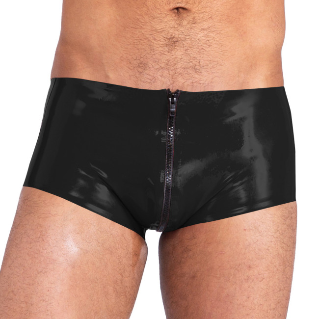 Mens PVC Glossy Boxer Briefs Wet Look Patent Leather Hot Pants Exotic Sexy Zipper Open Crotch Underpant Shorts Nightclub Costume