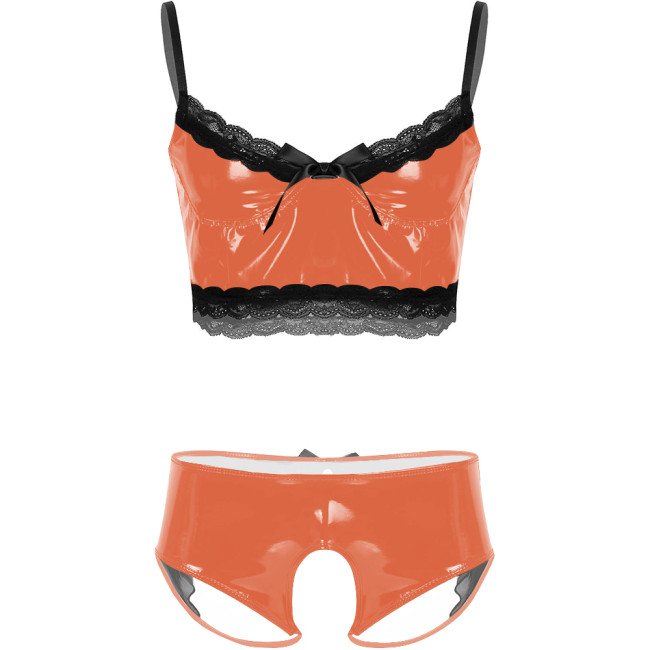 Mens Sissy Sexy Lingerie Sets Unsiex Wet Look PVC Leather Bra Tops with Crotchless Panties Nightclub Erotic Rave Uniform Outfit