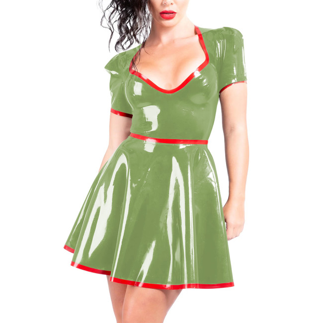 Women A-line Pleated Wet Look Dress for Club Party Outfits Faux PVC Leather Sweetheart Collar Short Gown Sissy Fetish Mini Dress