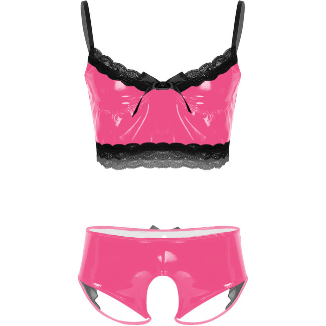 Mens Sissy Sexy Lingerie Sets Unsiex Wet Look PVC Leather Bra Tops with Crotchless Panties Nightclub Erotic Rave Uniform Outfit