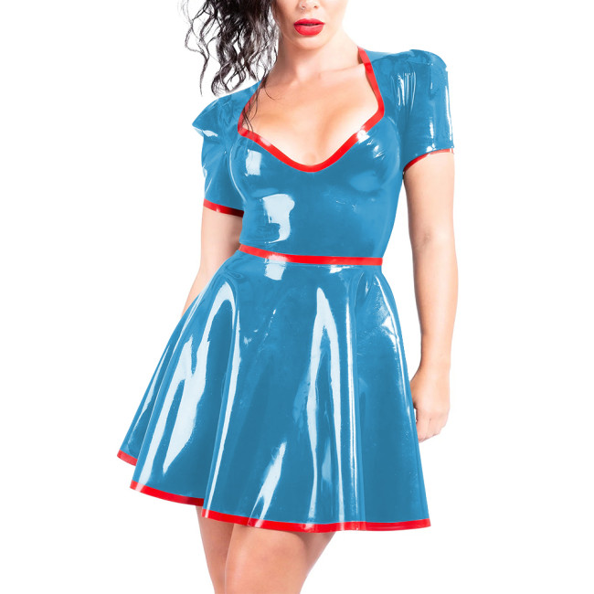 Women A-line Pleated Wet Look Dress for Club Party Outfits Faux PVC Leather Sweetheart Collar Short Gown Sissy Fetish Mini Dress