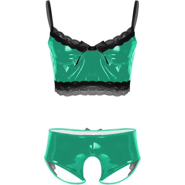 Mens Sissy Sexy Lingerie Sets Unsiex Wet Look PVC Leather Bra Tops with Crotchless Panties Nightclub Erotic Rave Uniform Outfit