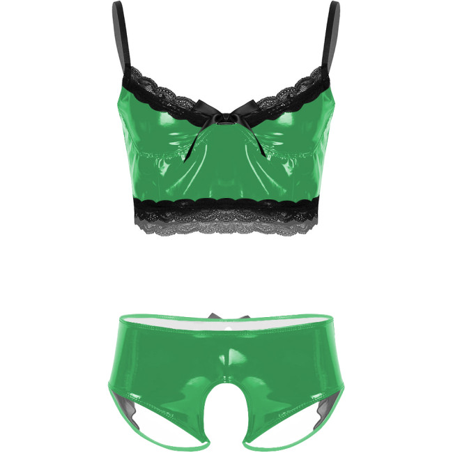 Mens Sissy Sexy Lingerie Sets Unsiex Wet Look PVC Leather Bra Tops with Crotchless Panties Nightclub Erotic Rave Uniform Outfit