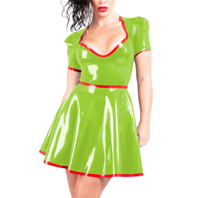 Women A-line Pleated Wet Look Dress for Club Party Outfits Faux PVC Leather Sweetheart Collar Short Gown Sissy Fetish Mini Dress