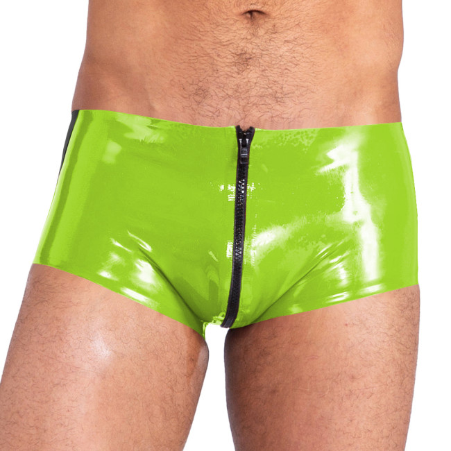 Mens PVC Glossy Boxer Briefs Wet Look Patent Leather Hot Pants Exotic Sexy Zipper Open Crotch Underpant Shorts Nightclub Costume