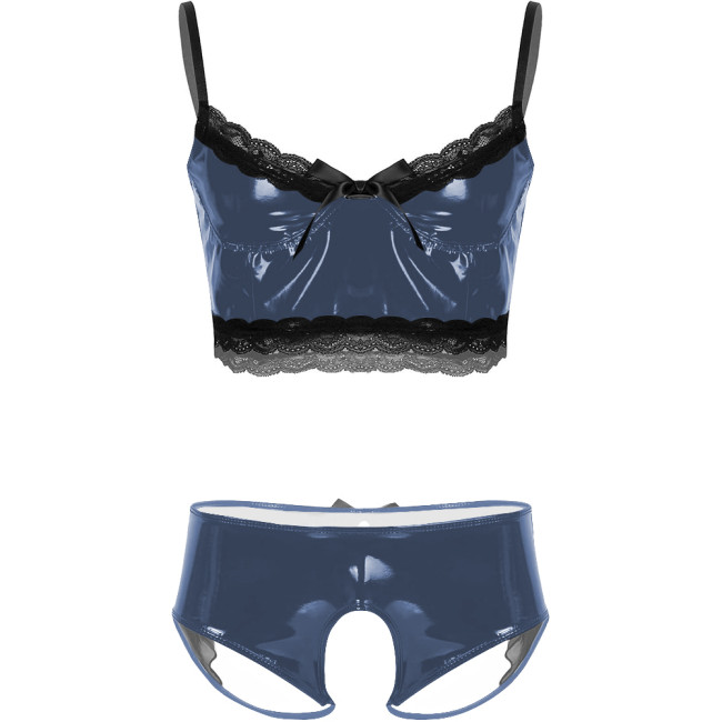 Mens Sissy Sexy Lingerie Sets Unsiex Wet Look PVC Leather Bra Tops with Crotchless Panties Nightclub Erotic Rave Uniform Outfit