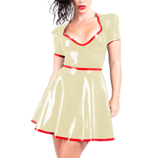 Women A-line Pleated Wet Look Dress for Club Party Outfits Faux PVC Leather Sweetheart Collar Short Gown Sissy Fetish Mini Dress