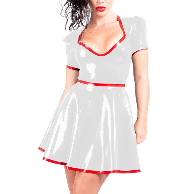 Women A-line Pleated Wet Look Dress for Club Party Outfits Faux PVC Leather Sweetheart Collar Short Gown Sissy Fetish Mini Dress