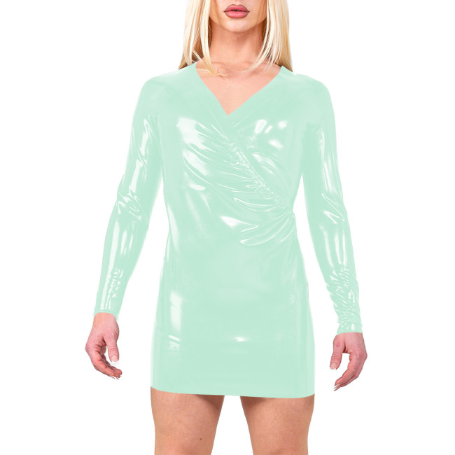 Vinyl Long Sleeve Slim Cross V-neck Mini Dress Women Slim PVC Leather Sexy Patry Mini Dresses Full Zipper Back Tight Vestidos