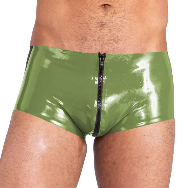 Mens PVC Glossy Boxer Briefs Wet Look Patent Leather Hot Pants Exotic Sexy Zipper Open Crotch Underpant Shorts Nightclub Costume
