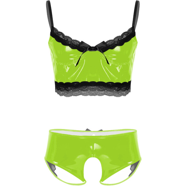 Mens Sissy Sexy Lingerie Sets Unsiex Wet Look PVC Leather Bra Tops with Crotchless Panties Nightclub Erotic Rave Uniform Outfit