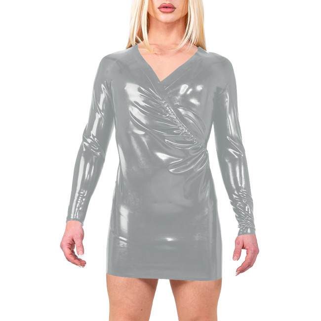 Vinyl Long Sleeve Slim Cross V-neck Mini Dress Women Slim PVC Leather Sexy Patry Mini Dresses Full Zipper Back Tight Vestidos