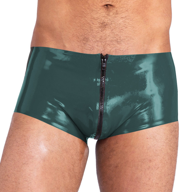 Mens PVC Glossy Boxer Briefs Wet Look Patent Leather Hot Pants Exotic Sexy Zipper Open Crotch Underpant Shorts Nightclub Costume