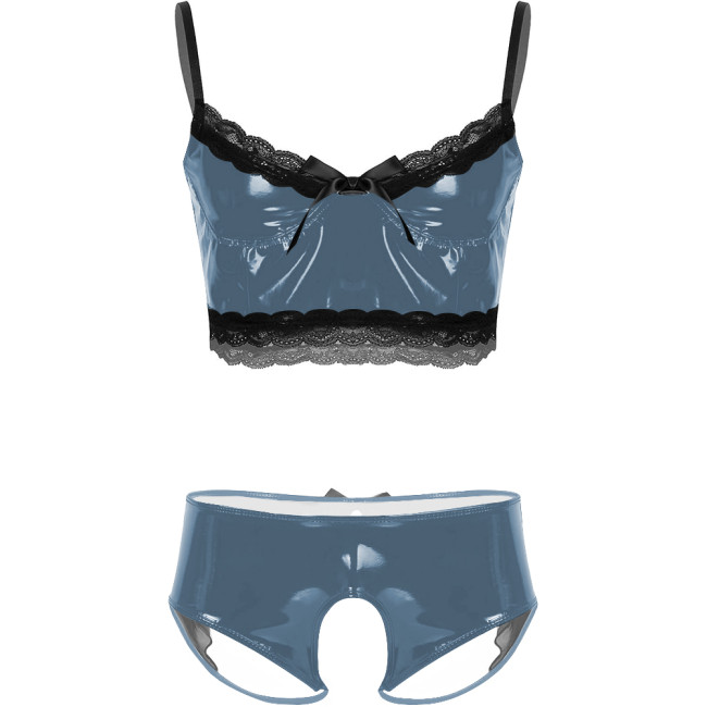 Mens Sissy Sexy Lingerie Sets Unsiex Wet Look PVC Leather Bra Tops with Crotchless Panties Nightclub Erotic Rave Uniform Outfit