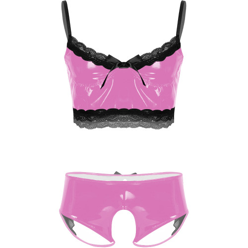 Mens Sissy Sexy Lingerie Sets Unsiex Wet Look PVC Leather Bra Tops with Crotchless Panties Nightclub Erotic Rave Uniform Outfit