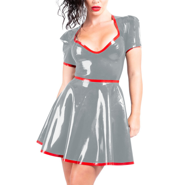 Women A-line Pleated Wet Look Dress for Club Party Outfits Faux PVC Leather Sweetheart Collar Short Gown Sissy Fetish Mini Dress