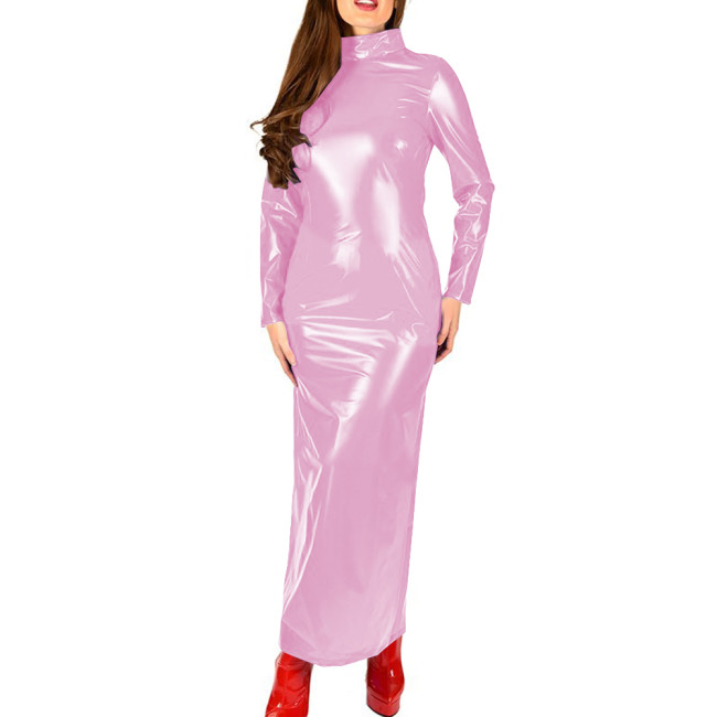 Shiny Patent Leather Turtleneck Dress for Womens Glossy Stretch PVC Long Pencil Dresses Gothic Club Zipper Back Slim Female Robe