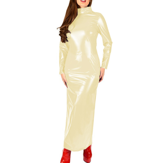 Shiny Patent Leather Turtleneck Dress for Womens Glossy Stretch PVC Long Pencil Dresses Gothic Club Zipper Back Slim Female Robe