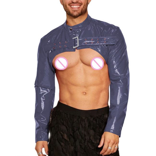 Mens Wet Look Long Sleeve Shrug Tops Sexy Open Breast Clubwear Glossy PVC Leather Mock Neck Crop Tops Night Club Dance Costume