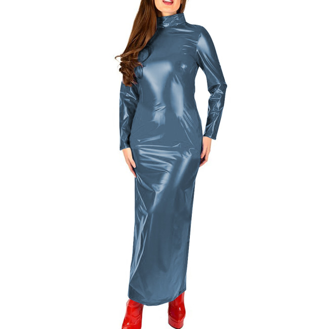 Shiny Patent Leather Turtleneck Dress for Womens Glossy Stretch PVC Long Pencil Dresses Gothic Club Zipper Back Slim Female Robe