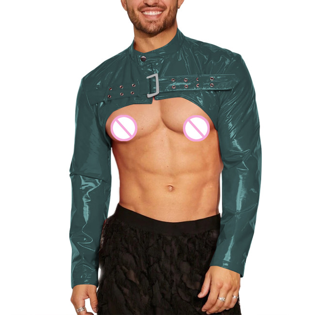 Mens Wet Look Long Sleeve Shrug Tops Sexy Open Breast Clubwear Glossy PVC Leather Mock Neck Crop Tops Night Club Dance Costume