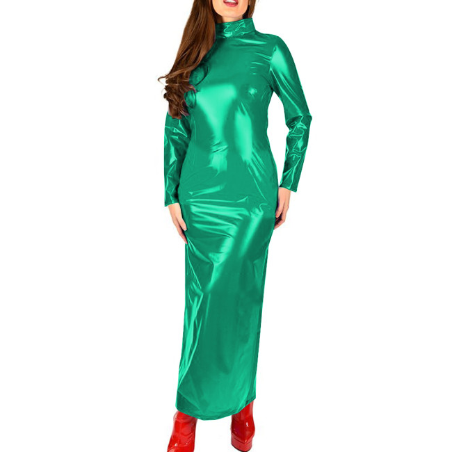 Shiny Patent Leather Turtleneck Dress for Womens Glossy Stretch PVC Long Pencil Dresses Gothic Club Zipper Back Slim Female Robe