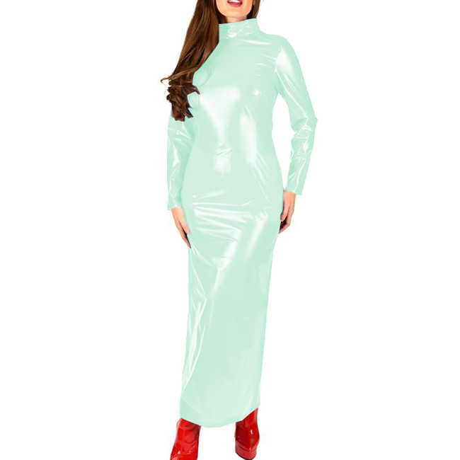 Shiny Patent Leather Turtleneck Dress for Womens Glossy Stretch PVC Long Pencil Dresses Gothic Club Zipper Back Slim Female Robe